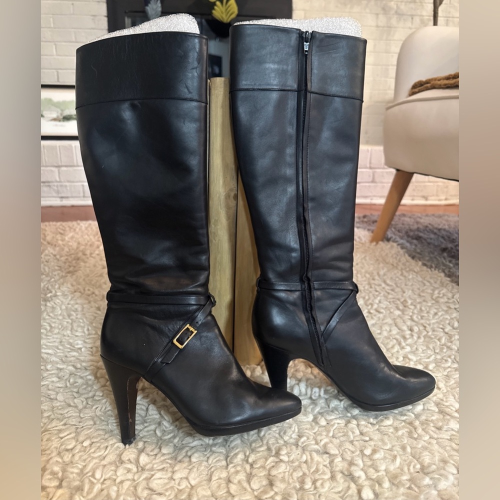 Banana Republic Black Tall Knee High Almond  Toe Sophia 3 3/4” Heel Boots Sz 8